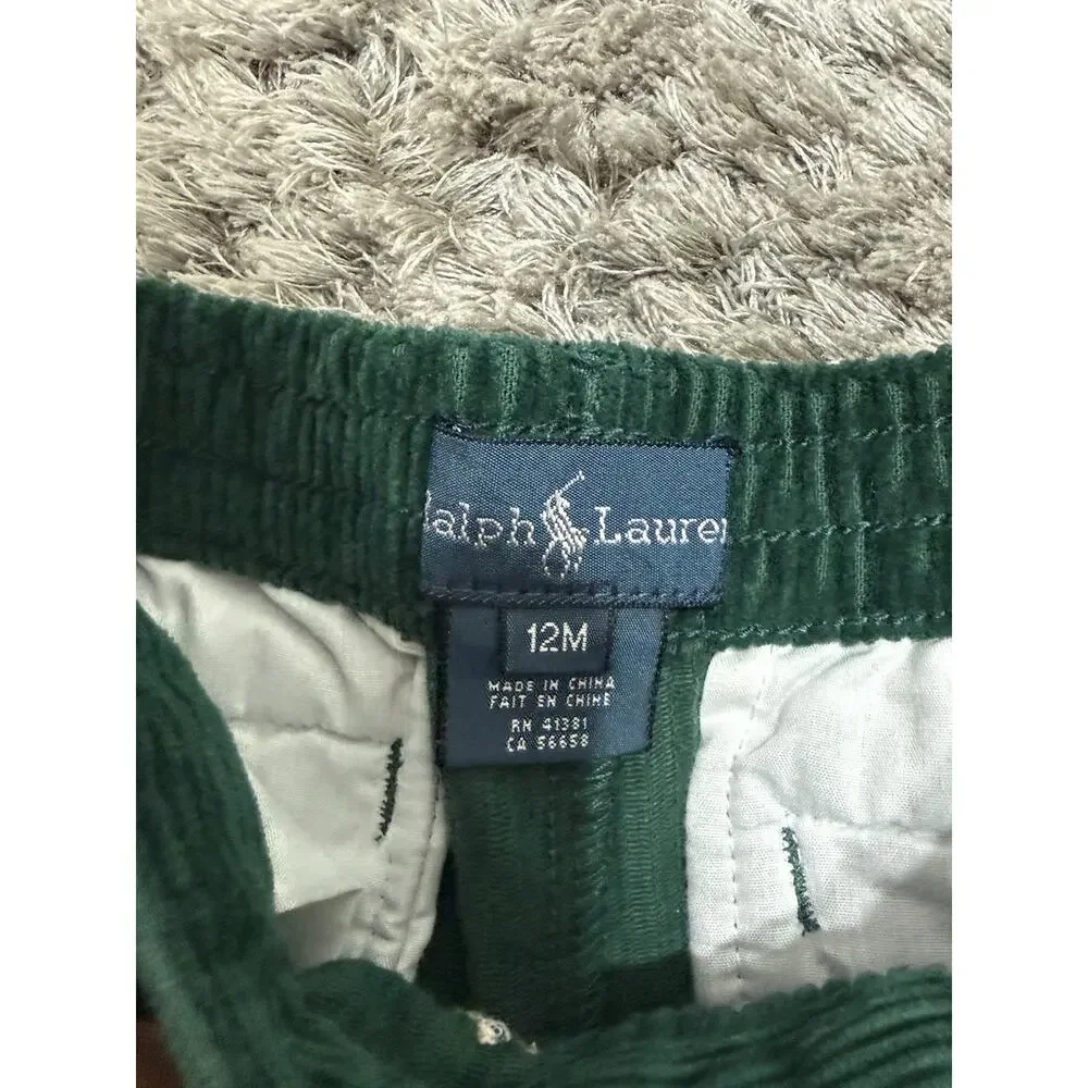 Ralph Lauren Baby 12M Green Corduroy Ski Skier Embroidered Pants Belted Unisex